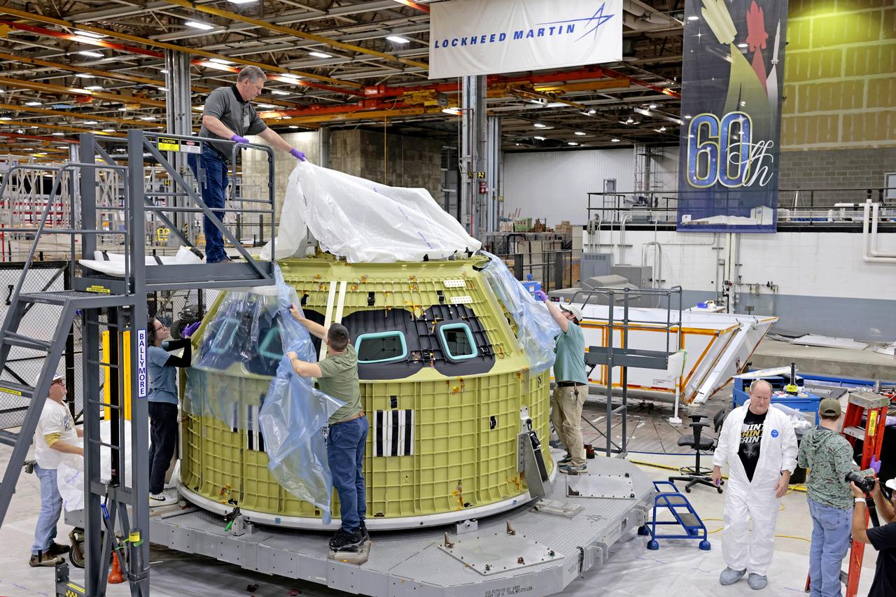 Teams at NASA’s Michoud Assembly Facility in New Orleans prepare the completed Orion pressure vessel for the Artemis IV mission for shipment to NASA’s Kennedy Space Center in Florida. The pressure vessel, which was assembled by lead contractor, Lockheed Martin, is the Orion crew module primary structure – the core upon which all other elements of Orion’s crew module are integrated. The structure is critical to Artemis crews as it holds the pressurized atmosphere astronauts breathe and work in a while in the vacuum of deep space. Once the module arrives at Kennedy’s Vehicle Assembly Building high bay, teams will begin integration of the pressure vessel with the Orion spacecraft crew module adapter and other assembly. With Artemis missions, NASA will land the first woman and the first person of color on the lunar surface, paving the way for human exploration of the Moon and on to Mars.  Image credit: NASA/Michael DeMocker